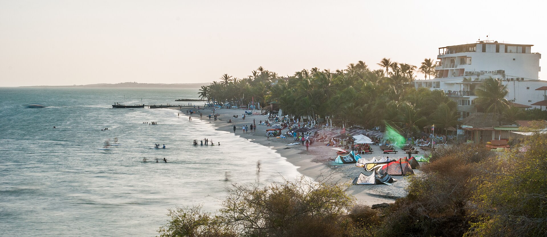 Vista real de la costa, las palmeras y la playa de El Yaque, por Wilfredor